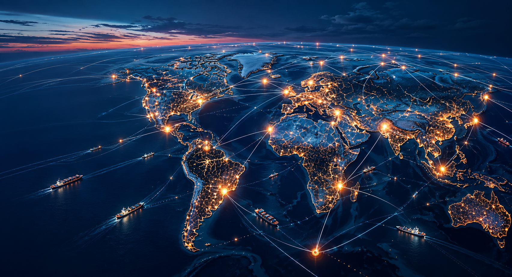 Global trade routes across a world map